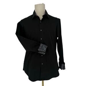 Robert Graham Button Front Shirt Long Sleeve Woven Black Solid Jacquard Damask M